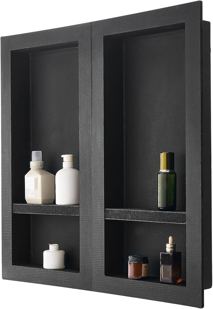 VEVOR Shower Niche, 16 x 32 inch + 16 x 32 inch Recessed Wall Niche with Movable Shelf, 4 inch Thick Modern Soap&Shampoo Storage Organizer,Square Corners,Sealed Waterproof,Black for Bathroom Shower