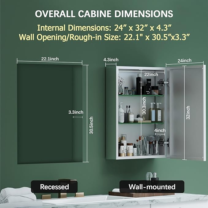 BROBIGBathroom Medicine Cabinet with Mirror, 24x32 Recessed or Wall Mirror Medicine Cabinet with Storage Adjustable Glass Shelves, Beveled Edge Mirrored Door with Aluminum Cabinet Hinges