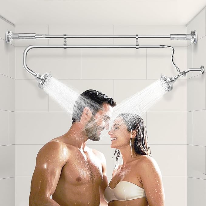 Tandem Shower Heads, Double Shower Head for Couples, Dual Shower Head System for Two People, High Pressure and Adjustable Double Shower Heads (Silver)