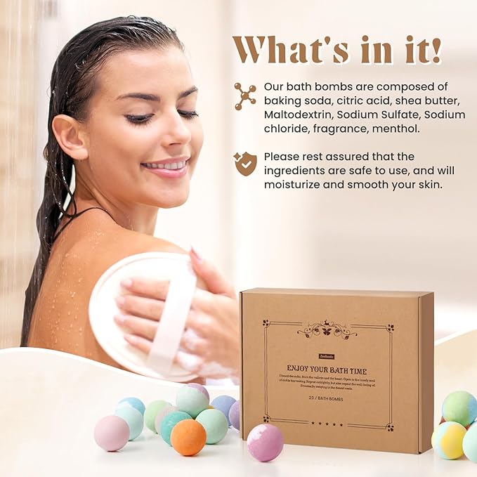 Bath Bombs Set, 20 pcs Natural Shea Butter & Safe Oil Bath Bomb for Skin Moisturizing, Handmade Bubble Bath & Fizzy, Ideal Presents for Women