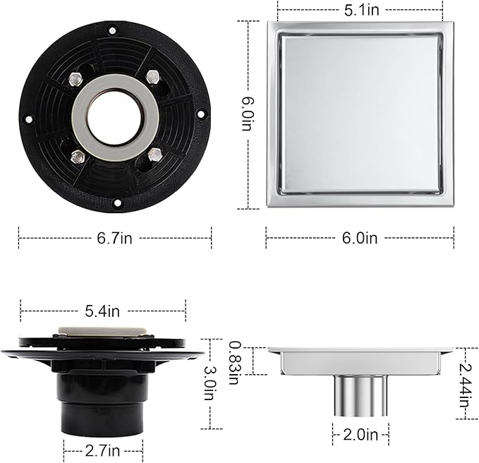 6 Inch Square Shower Floor Drain, Shower Drain Kit with Flange and 2 in 1 Tile-Insert Cover, Square Shower Drain, SUS 304 Stainless Steel Floor Drain,Silver