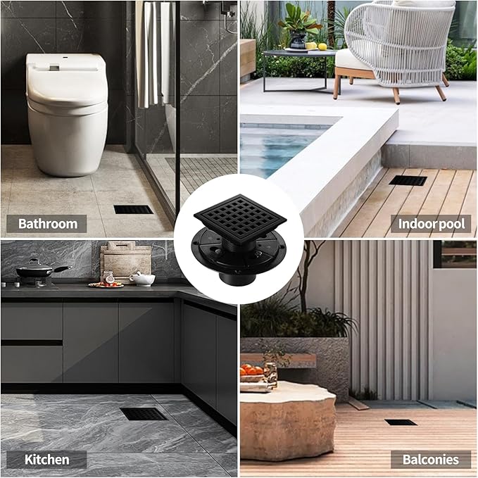 Shower Drain, Matte Black 4 inch Square Shower Floor Drain with Flange, Removeable Grid Panel SUS 304 Stainless Steel Square Shower Drain
