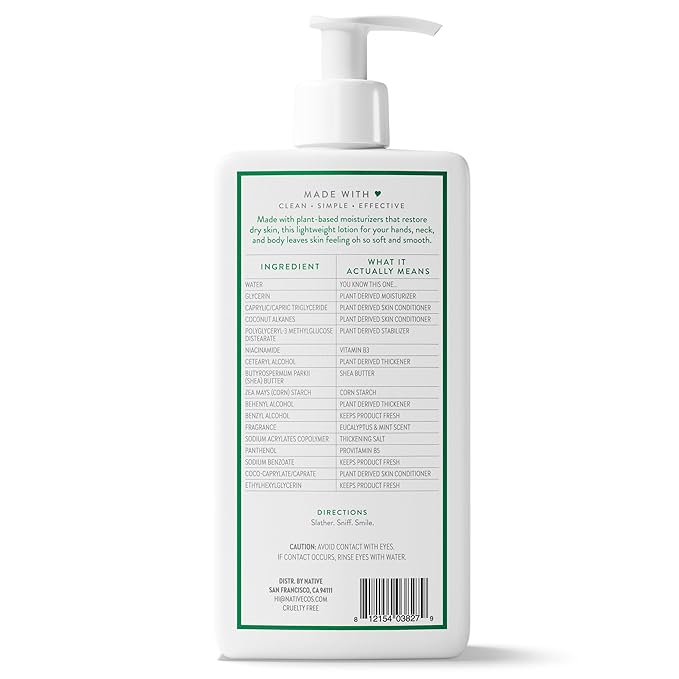 Native Body Lotion Contains Naturally Derived Plant-Based Moisturizers for Women and Men | Restores Dry Skin, Eucalyptus & Mint, 16.5 fl oz