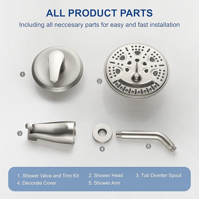 SHAMANDA Shower Tub Faucet Set with Rough-in Valve and Trim Kit, Shower System with Waterfall Diverter Tub Spout, Single Handle 8 Inch 6-Spray Rain Shower Head Combo Set, Brushed Nickel, L818-2