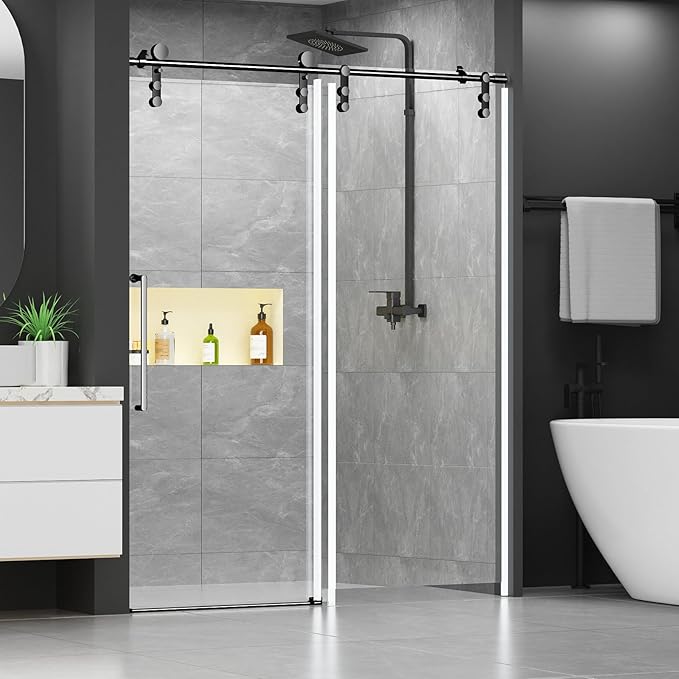 Chabatree Shower Door 60" W x 76" H Frameless Sliding Shower Door,Frameless Shower Door with Sealing Strip and Waterproof Handle,5/16"(8mm) Clear Tempered Glass,Stainless Steel Hardware,Black