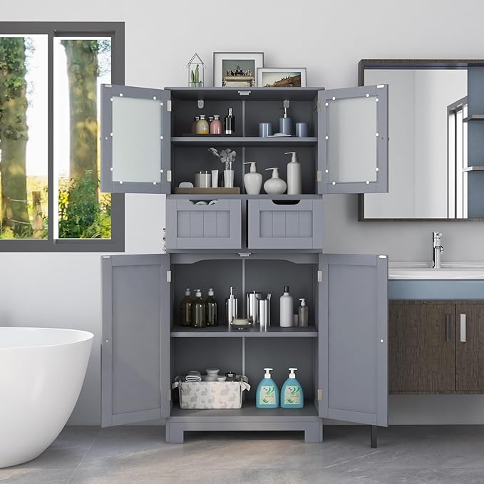 COSTWAY Bathroom Storage Cabinet, Freestanding Bathroom Organizer with Glass Doors, 2 Drawers and 2 Adjustable Shelves, Tall Linen Floor Cabinet for Bathroom, Living Room, Kitchen (Gray)