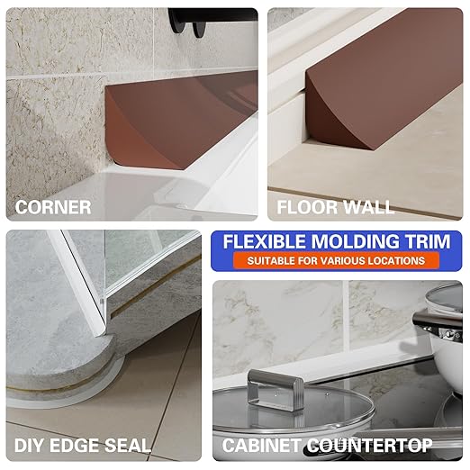 Flexible Molding Trim, Flexible Bendable Adhesive Caulking Strip, Molded Trim, Peel and Stick Home Decorative Edge for Bathroom, Kitchen, Floor, Wall (Dark Brown, 0.83in x 0.24in x 3.3ft)