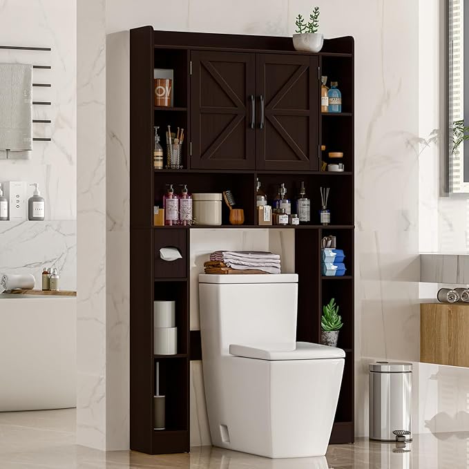 Farmhouse Storage Cabinet Over Toilet with Barn Doors,Over The Toilet Storage Cabinet, Home Space-Saving Toilet Rack, for Bathroom, Restroom, Laundry.Espresso