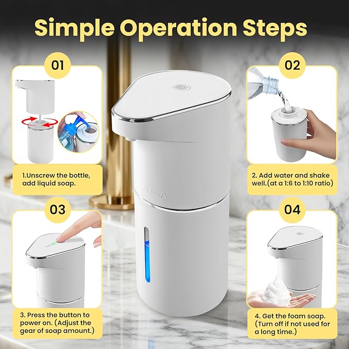 Automatic Foaming Soap Dispenser, 13oz/350ml White Touchless Foam Hand Soap Dispenser with 3 Foam Levels,Wall-Mounted & Countertop Design Type-C Rechargeable for Kitchen Bathroom