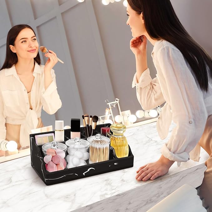 Marble Bathroom Countertop Organizer, Black Toothbrush Holders for Bathrooms Counter Organizer with 3PCS Qtip Dispenser, Toothbrush and Toothpaste Holder for Bathroom Organization Vanity Storage