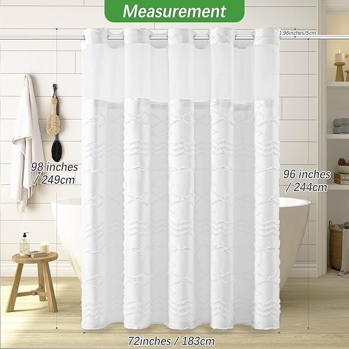 Extra Long No Hooks Shower Curtains, 98 Inches Long Boho Tufted Chevron Striped Fabric Shower Curtain for Bathroom with Snap in Liner, White Water Resistant Cloth Shower Curtain Set