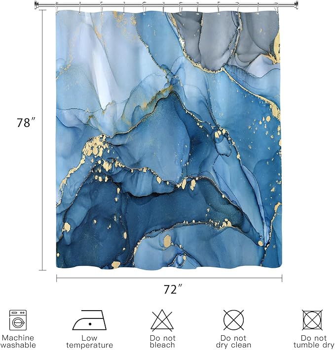 Long Shower Curtain 72 x 78 Inch, Tall Abstract Marble Shower Curtains for Bathroom Decor, Modern Luxury Art Decor Ink Texture Fabric Shower Curtain Set with Hooks, Blue