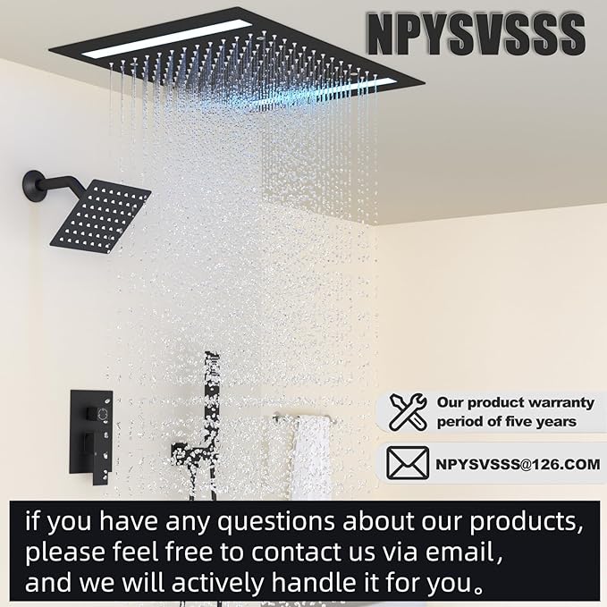 Rain Shower Head System with 14x20 Inch Ceiling Mount LED Head & 6 Inch Wall Head and Handheld Shower 3 Way Pressure Balance Valve Kit, Matte Black