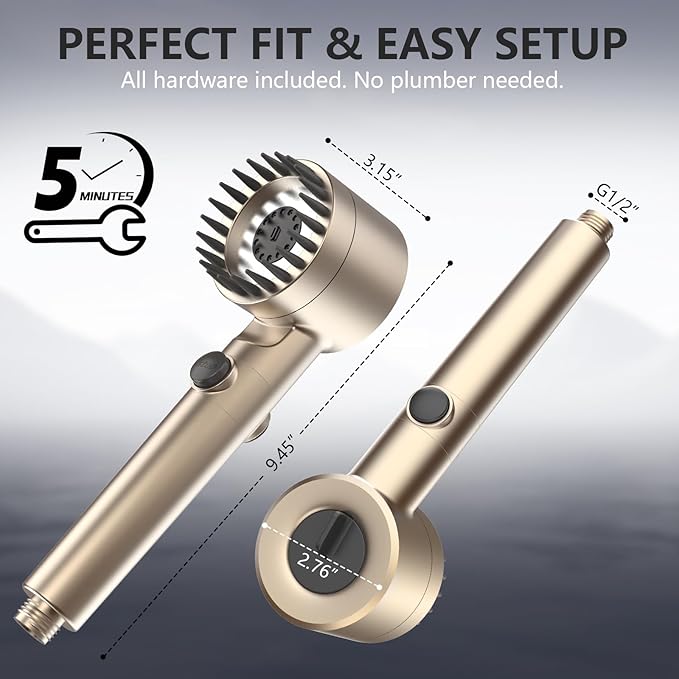 Filtered Shower Head with Handheld, High Pressure Water Flow and Multiple Spray Modes Shower Head with Filter, Power Wash for Hard Water, Showerhead with ON/OFF Switch for Pets Bath (Golden)