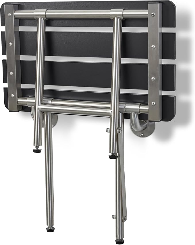 22-inch x 15-inch ADA Bariatric Folding Wall Mount Bench Shower Seat with Legs, Black Slatted Phenolic Seat