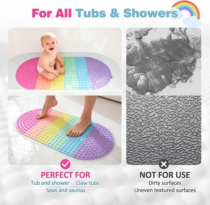 Push Pop Bubble Bath Mat for Kids,Rainbow Large Non-Slip Silicone Tub Mat with Strong Suction Cups for Toddler,33x17.3 Inch Waterproof Shower Mat for Bathtub, Sensory Bath Pad with Drain Holes