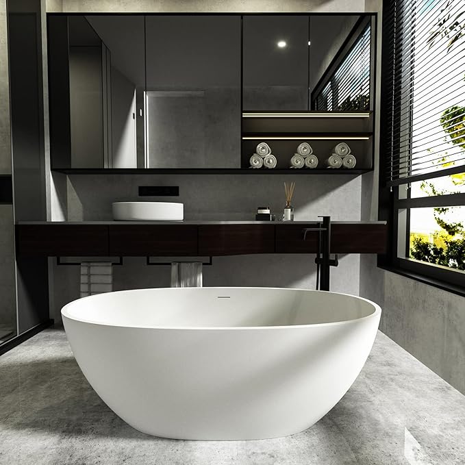 Cpingao 59" Freestanding Bathtub, Oval Shaped Stone Resin Freestanding Tubs, Solid Surface Matte White Soaking Tub with Overflow and Pop-up Drain 8801-1500