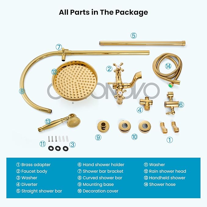 gotonovo Exposed Bathroom Shower System Classic Shower Kit 8 Inch Luxurious Rainfall Shower Head Handheld Spray Tub Filler Brass Pipe 3-Function Wall Mount Double Cross Knobs Polished Gold