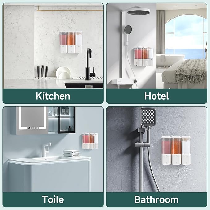 Shampoo and Conditioner Dispenser Wall Mounted No Drill, Shower Soap Dispenser 3 Chamber Shampoo Conditioner Body Wash Refillable 3 * 17oz Shower Soap Dispenser for Bathroom Hotel, White+Clear