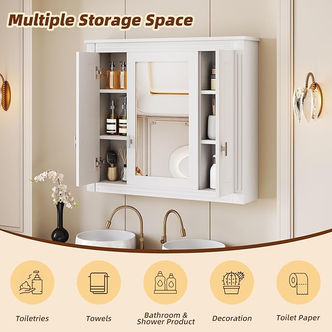 Merax Wall Mounted Bathroom Medicine Cabinet with Mirror, Bathroom Wall Cabinet with Doors and Shelves, 35" x 29" Mirrored Door Over Toilet Storage Cabinet, White