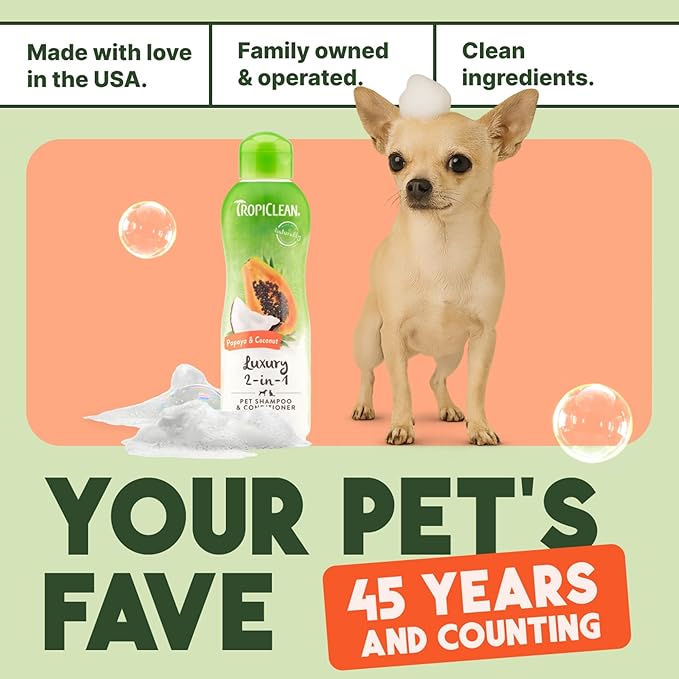 TropiClean 2-in-1 Dog Shampoo and Conditioner, Moisturizing Dog Detangler, Puppy Safe, Made in the USA, Papaya Scent, Cat & Kitten Safe, 20oz.