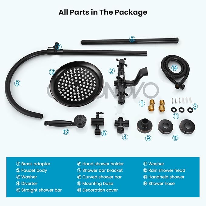 gotonovo Bathroom Classic Exposed Shower Faucet Wall Mount Shower System 8 Inch Luxurious Rainfall Shower Head Set with Tub Spout and Handheld Spray Double Cross Handles Oil Rubbed Bronze