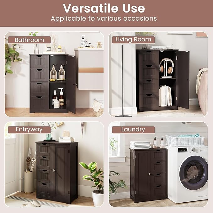 Tangkula Bathroom Floor Cabinet, Freestanding Storage Cabinet with 4 Drawers & Single Door, Adjustable Shelf, Multipurpose Bathroom Storage for Home Office, 21.5 x 12 x 32.5 Inches (Coffee)
