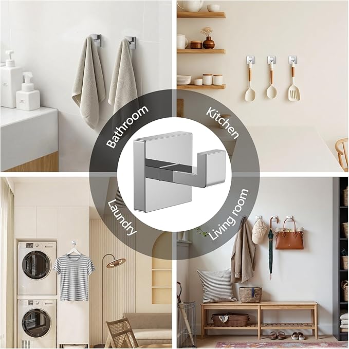 Kruodop 2 PCS Towel Hooks for Bathroom, Wall Mount Towel Holder, Black Matte Wall Robe Hook,Square Stainless Steel Door Hanger Towel Hook for Kitchen, Bedroom,Hotel,Pool,Coats(Silver)