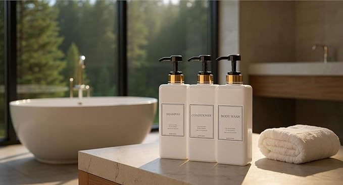 Modern Gold Design Pump Bottle Set 27 oz Refillable Shampoo and Conditioner Dispenser Empty Shower Plastic Bottles with Pump for Bathroom Lotion Body wash Massage Oils, Pack of 3 (Black)