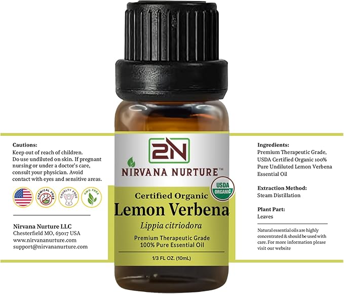 Lemon Verbena Essential Oil USDA Certified Organic, 100% Pure Natural Premium Grade, Undiluted
