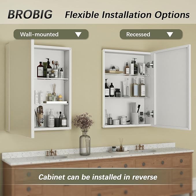 Bathroom Medicine Cabinet with Mirror, 14x18 Recessed or Wall Mirror Medicine Cabinet with Storage Adjustable Glass Shelves, Beveled Edge Mirrored Door with Aluminum Cabinet Hinges