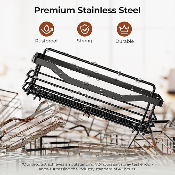 Orimade Shower Caddy Basket Soap Dish Holder Shelf with 5 Hooks Bathroom Organizer Shelf Kitchen Storage Rack Wall Mounted Adhesive No Drilling SUS304 Stainless Steel - 3 Pack,Black