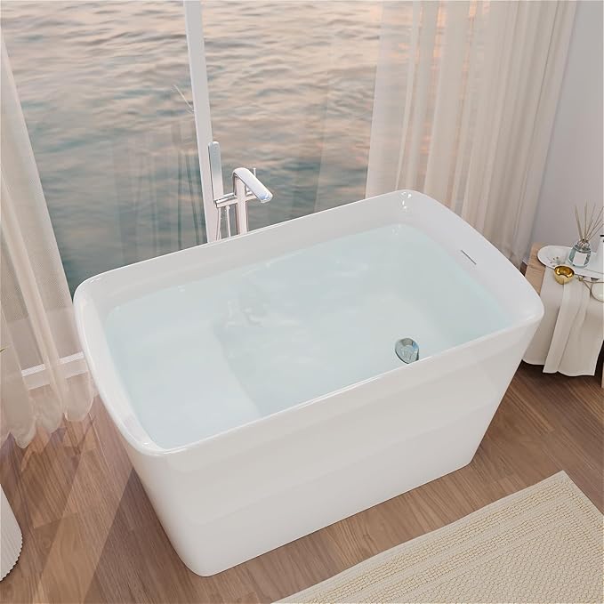 47" Lucite Acrylic Freestanding Bathtub,Square Shape Janpanese Soaking Tub with Seat Desgin,Toe-tap Chrome Right Drain, Slotted Overflow, cUPC Certified,Glossy White