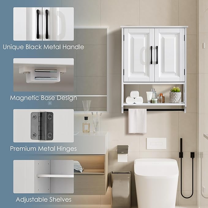 Wall Mounted Bathroom Cabinet, Farmhouse Medicine Cabinet with 2 Elegant Raised Panel Cabinet Doors, with Adjustable Shelf & Towel Bar โ Over Toilet Storage Organizer for Small Spaces, White