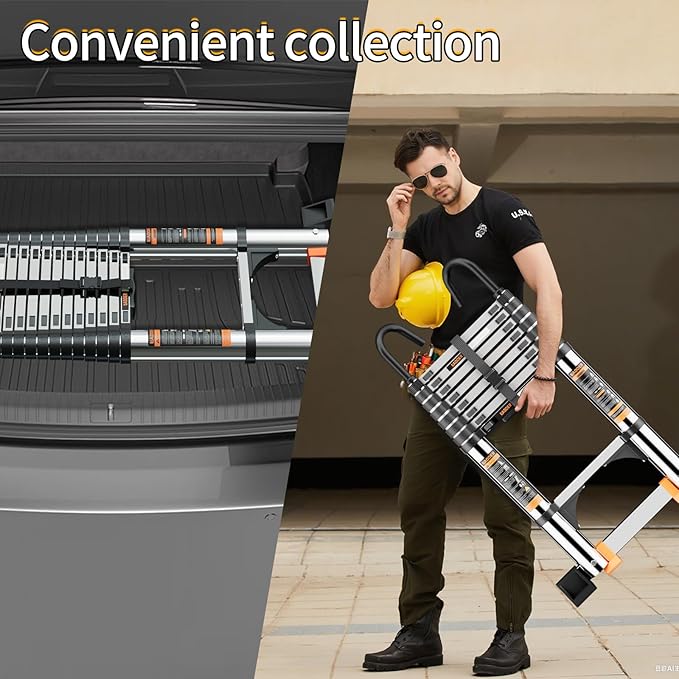 Telescoping Ladder,with Stable Hook and stabilizer barand,13.5FT Extension Ladder, Heavy Duty 330lbs Max Capacity, Multi-Purpose Collapsible Ladder for RV or Outdoor Work (4.1M/13.5FT)