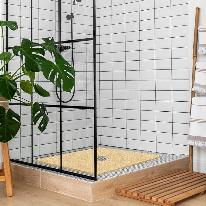 Shower Mat Non Slip,27 x 27 Inch Extra Large Bath Mat with Drain,Soft Square Loofah Shower Stall Mat Bathtub Mat for Bathroom,Without Suction Cups (Beige)