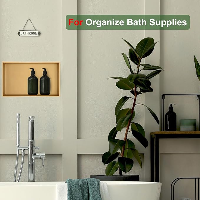 Shower Niche, 12 * 24 Stainless Steel Elegant Bathroom Niche, No Tile Needed Recessed Shower Shelf Organizer for Storage,Gold