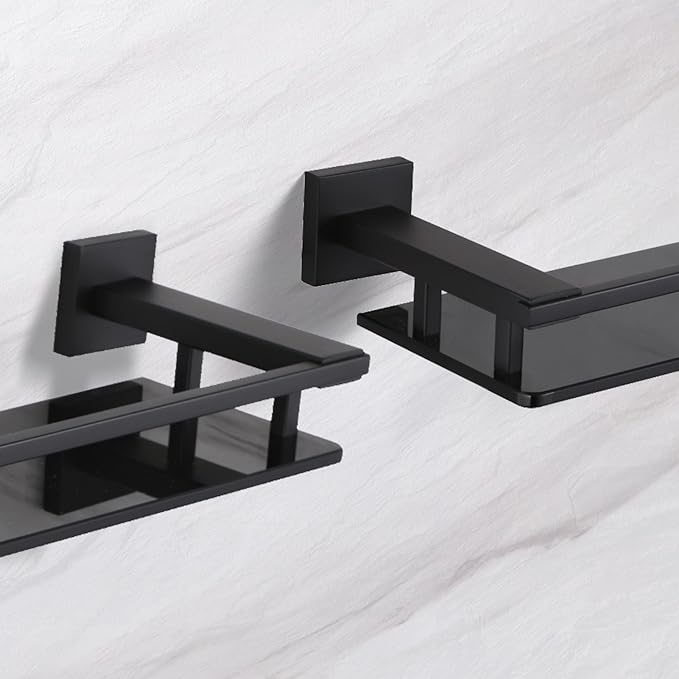 LANC Black Bathroom Shelves Glass Shelf 20-Inch Floating Tempered Glass Shelf Rectangular Modern Stainless Steel Wall Mounted Shelves for Shower Bathroom Kitchen Organizers Accessories ,A7613AB