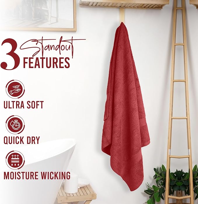 RIVERSIDE 100% Ring Spun Cotton Large Bath Towels Set of 4, 27 x 54 Inches โ Quick Dry, Soft & Highly Absorbent Towels for Shower & Bathroom โ Luxury 600 GSM Towels for Home, Spa, Gym, Hotel, Red