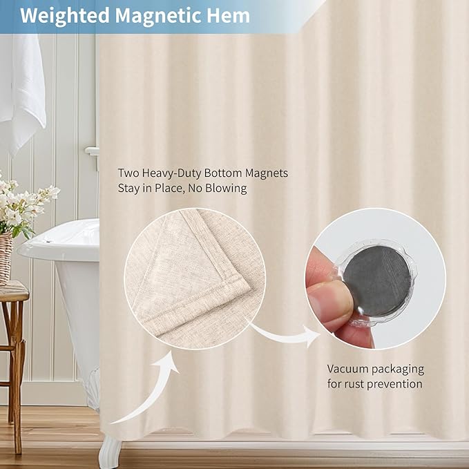 2-in-1 stall Fabric Shower Curtain or Liner,Breathable TPU & Washable,36Wx72H Narrow Linen Textured Bathroom Shower Curtain Set with 6 Plastic Hooks,Modern,36"x72" Cream