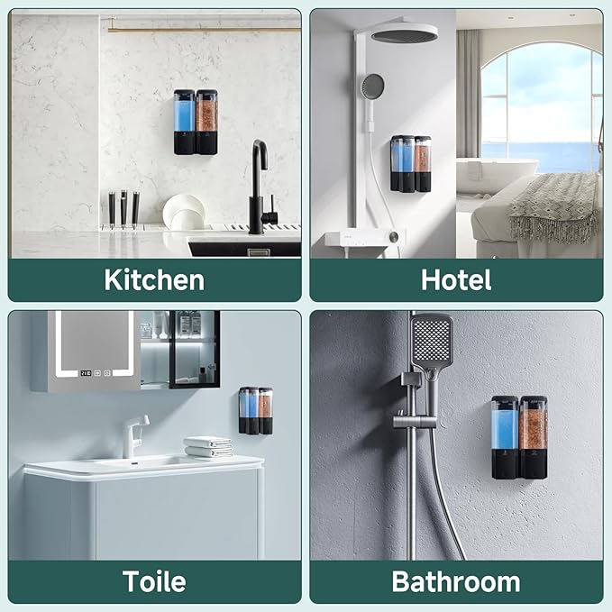 Shampoo and Conditioner Dispenser Wall Mounted No Drill, Shower Soap Dispenser 2 Chamber Shampoo Conditioner Body Wash Refillable 2 * 17oz Shower Soap Dispenser for Bathroom Hotel, Black+Clear