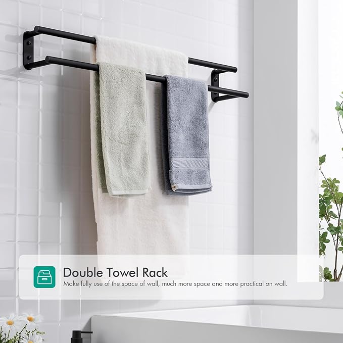 BAGNOLUX Double Towel Bar, SUS304 Towel Racks for Bathroom Wall Mounted 2-Tiers Ladder Towel Rails, Space Saving Bathroom Towel Holder Shelves Rack, Long Towel Hanger (32“-Round-Matte Black)