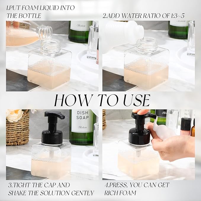 Domensi 12 Pcs Foam Pump Bottle Foaming Soap Dispenser Empty Travel Foaming Dispenser 8.5 oz Refillable Hand Soap Plastic Pump Bottle Travel Essentials Clear Container for Bathroom Vanities (Black)