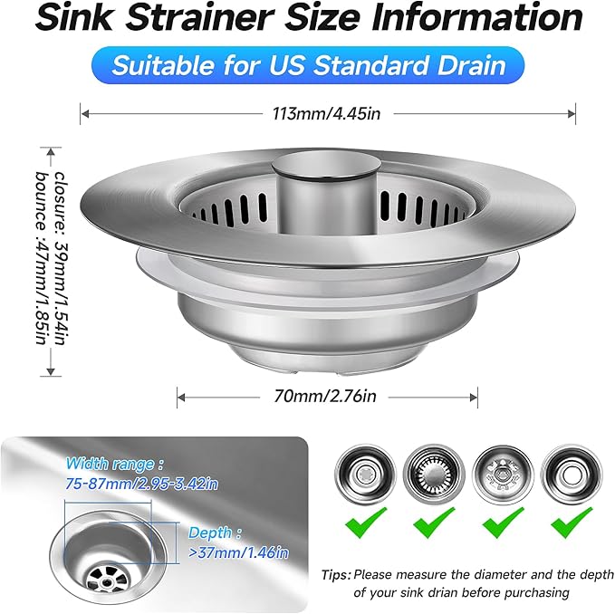 3 in 1 Kitchen Sink Drain Strainer Sink Stopper, Stainless Steel Sink Drain Strainer with Anti-Clogging Basket, Kitchen Sink Drain Filter Plug for US Standard 3-1/2 Inch Drain (1Pack)