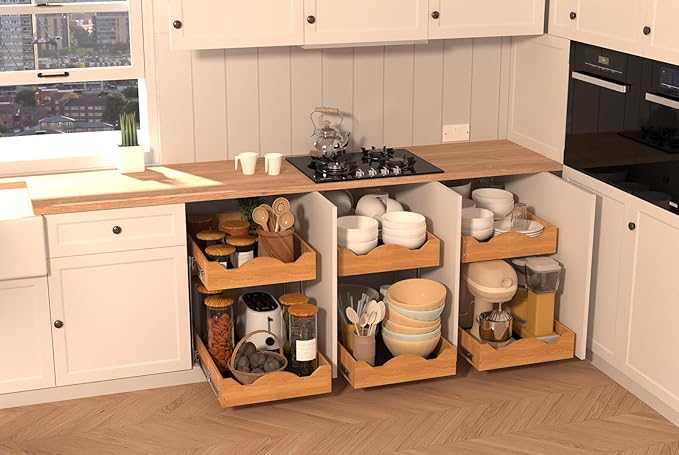 OCG 2 Tier Pull Out Cabinet Organizer (20"W x 21"D), Heavy-Duty Slide out Wood Drawer Shelf, Pull Out Drawer for Cabinets, Base Cabinet Organization for Kitchen, Pantry, Bathroom