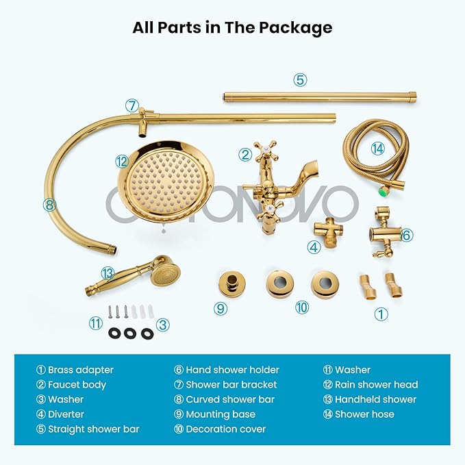 gotonovo Bathroom Classic Exposed Shower Faucet Wall Mount Shower System 8 Inch Luxurious Rainfall Shower Head Set with Tub Spout and Handheld Spray Double Cross Handles Polished Gold