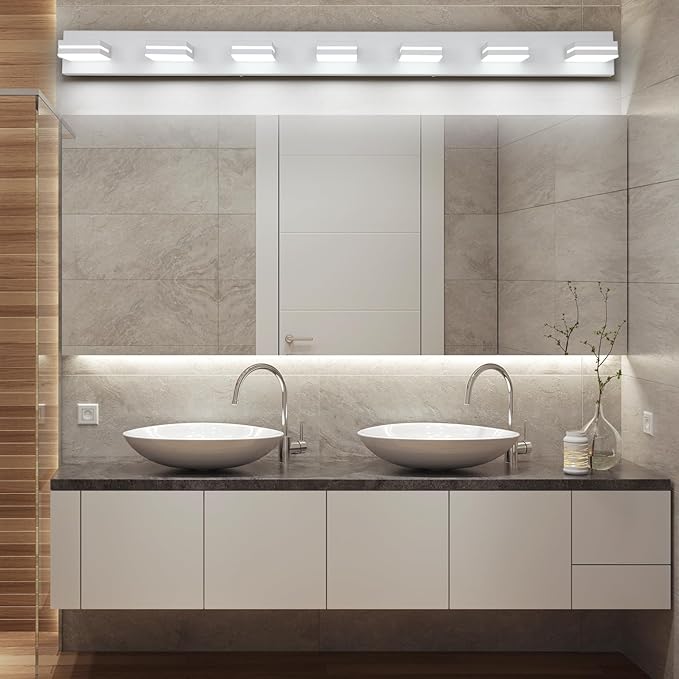 SineRise LED Modern Bathroom Vanity Light Fixtures (7-Light, 55-Inch, Dimmable), Matte White Modern Acrylic Bathroom Wall Lighting Fixtures Over Mirror (Cool White 6000K)