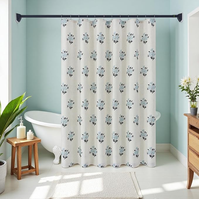 ORTIGIA Linen Blue Shower Curtains for Bathroom Boho Farmhouse Block Print Shower Curtain Set with Metal Hooks Floral Waterproof Aesthetic Rustic Fabric Bath Curtain for Home, Weighted, 72x72