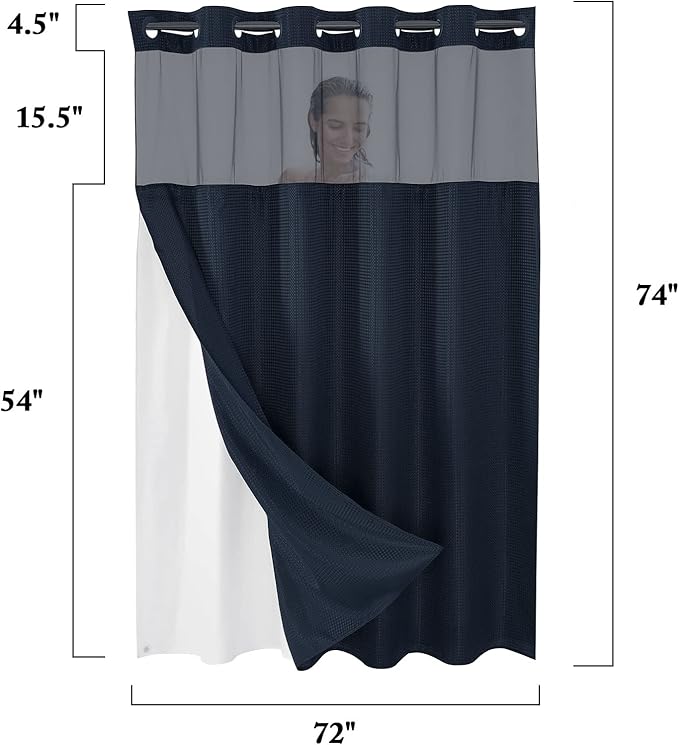 Gibelle No Hook Waffle Weave Shower Curtain with Snap-in Fabric Liner Set for Bathroom, Hotel Style with Mesh Top Window, Waterproof & Washable, Navy Blue, 72x74