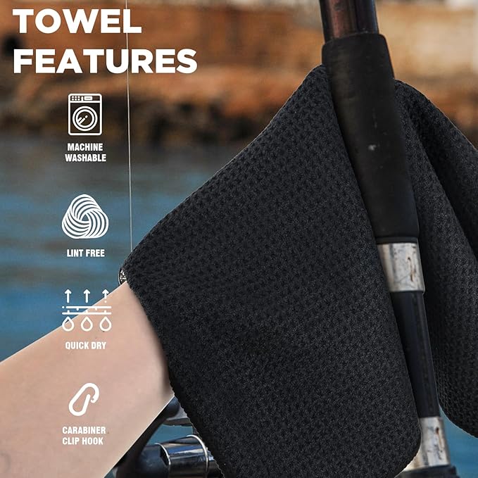 3 Pack Microfiber Fishing Towels with Clip, 16" X 16", Waffle Pattern for Effective Cleaning of Fishing Gears or Dirty Hands, Perfect for Camping Towels and Hiking Towles, Grey/Blue/Black